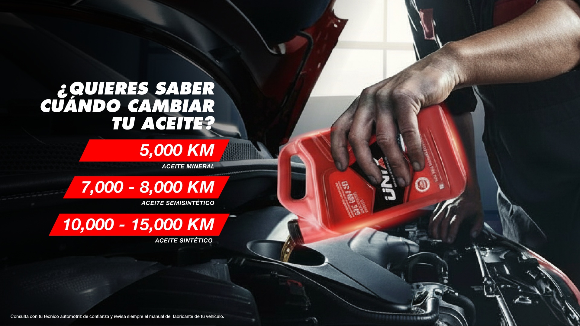 ¿Quieres saber cuándo cambiar tu aceite? Mineral cada 5,000 km, semisintético 7,000 a 8,000 km, sintético 10,000 a 15,000 km.