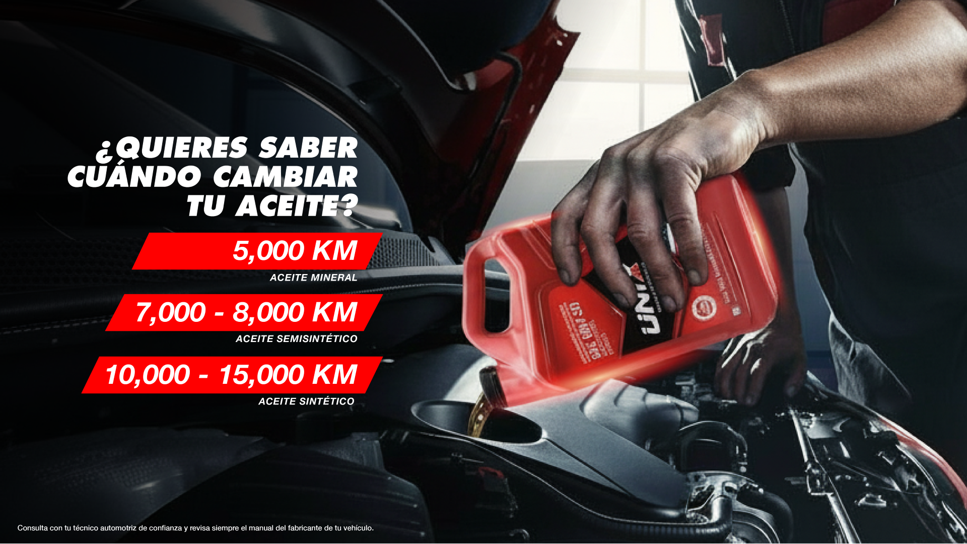 ¿Quieres saber cuándo cambiar tu aceite? Mineral cada 5,000 km, semisintético 7,000 a 8,000 km, sintético 10,000 a 15,000 km.