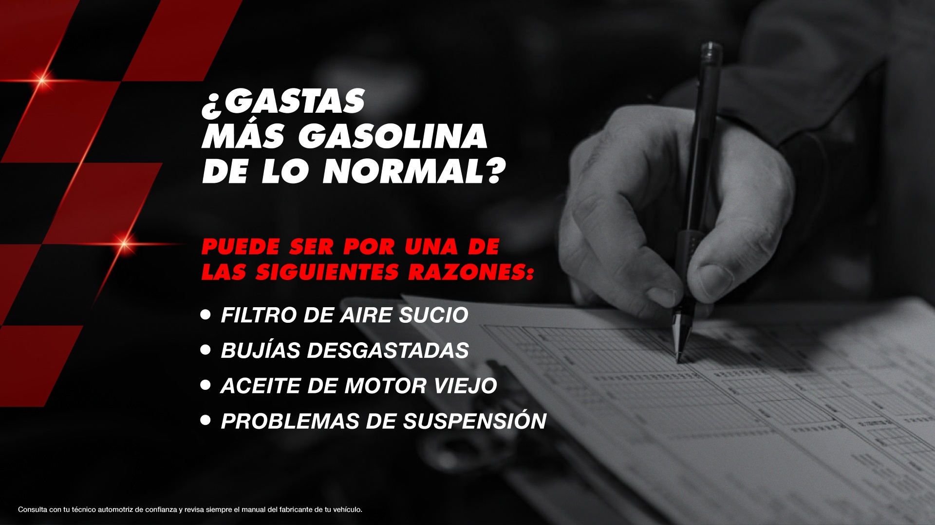 ¿Gastas más gasolina de lo normal? Puede ser por filtro de aire sucio, bujías desgastadas, aceite de motor viejo o problemas de suspensión.