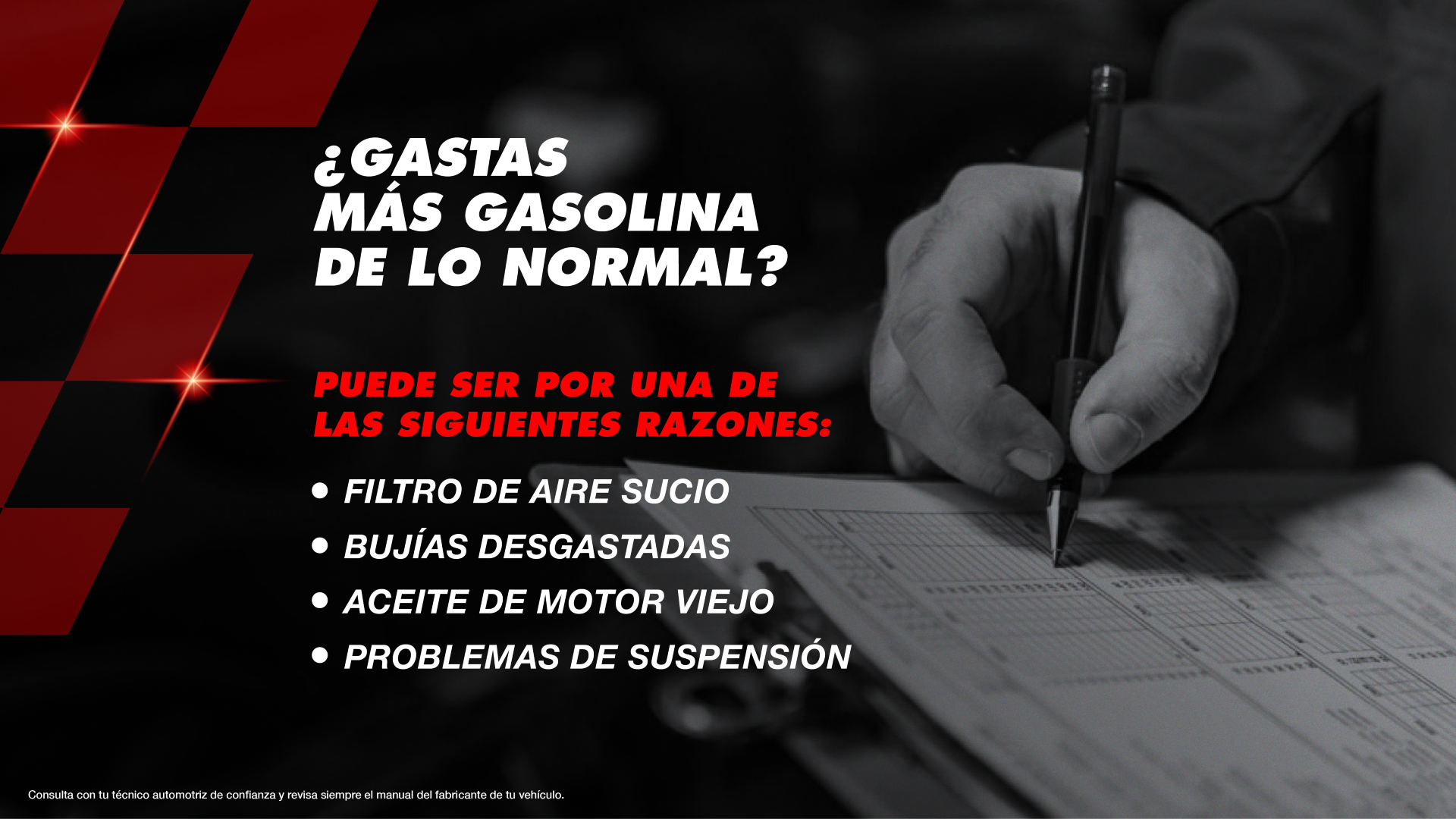 ¿Gastas más gasolina de lo normal? Puede ser por filtro de aire sucio, bujías desgastadas, aceite de motor viejo o problemas de suspensión.